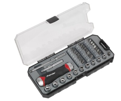Sealey Premier 38pc Fine Tooth Ratchet Long Reach Screwdriver Socket & Bit Set