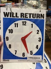 Open Sign 7.5" X 9", Clock Will Return Will Be Back, Double Sides Plastic BAZIC