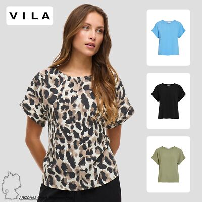 VILA Damen Kurzarm T-Shirt Crepe Design Elegantes Shirt Oberteil