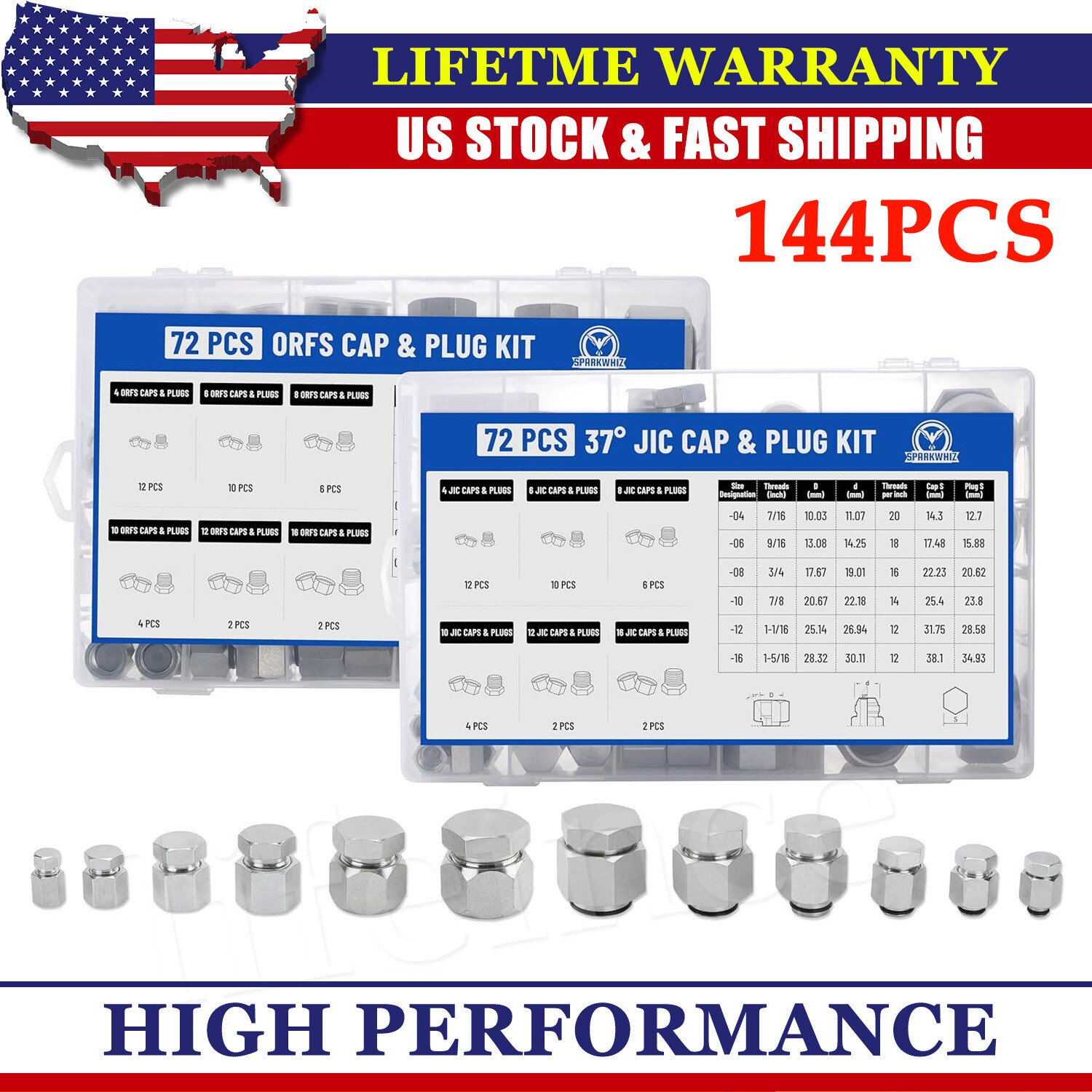 144PCS JIC and ORFS Hydraulic Cap and Plug Hose Tube and Pipe Cap and