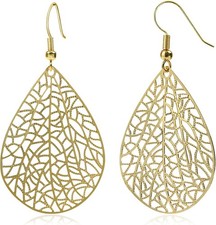 14K Gold Plated Silver Rose Gold Teardrop Filigree Dangle Earrings Lightweight L
