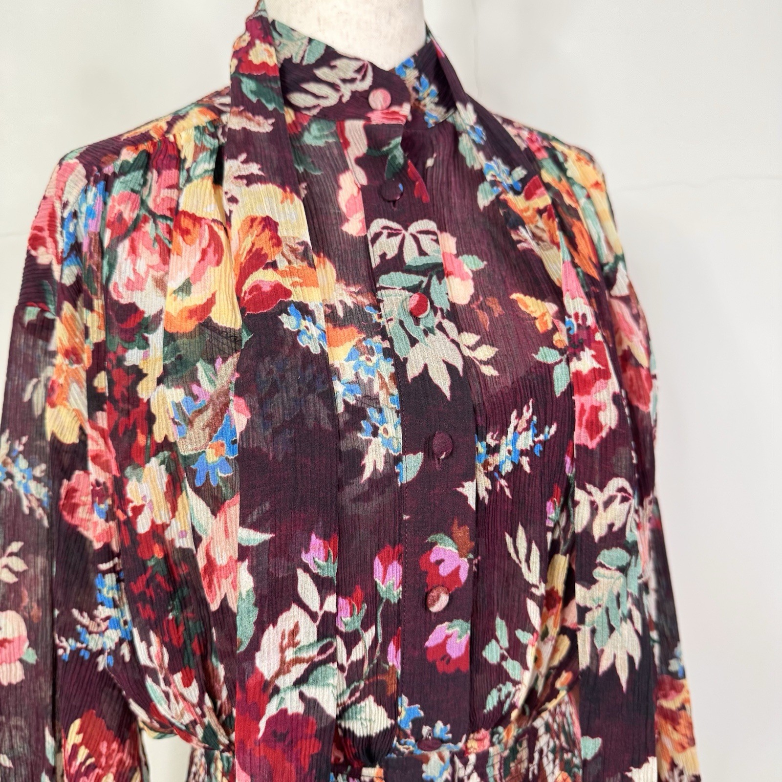 ZIMMERMANN Allia Shirred Long Dress Burgundy Floral Cotton Silk Size 4 / 8 UK 