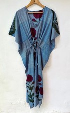 Indian Blue Floral Handmade Cotton Kaftan Maxi Dress Women's Clothing Gown US