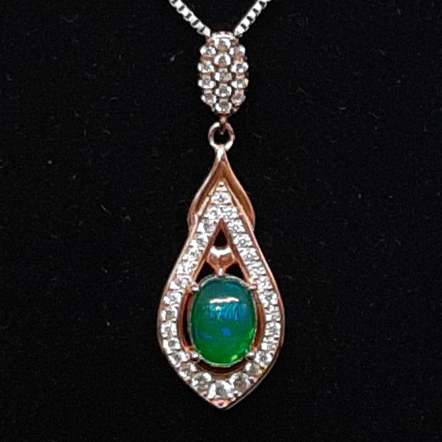 World Class 1.10ctw Green Opal & White Sapphire 14K Rose Gold 925 Silver Pendant