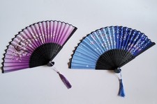 2 Silk Bamboo Handheld Folding Fans With Holders