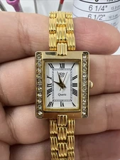 EJ Gold Tone Crystal Accent Rectangular Quartz Watch Roman Dial Japan Movt
