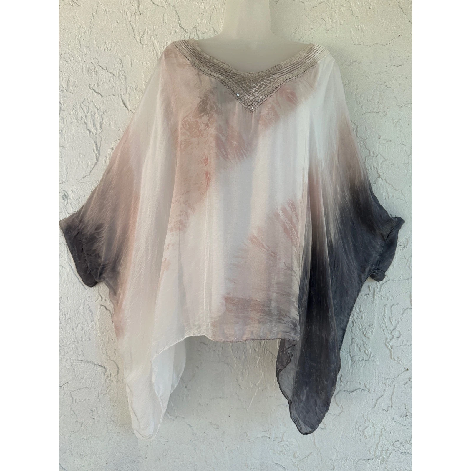Silk Ombre Poncho Top V-Neck Crochet Sequin Boho Kaftan Mauve Grey One Size