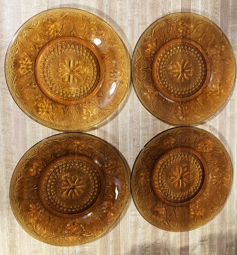 Set of 4 Vintage Tiara Amber Indiana Glass Sandwich 8 1/4" Salad Plates