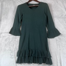 Nine West Women S Dark Green Ruffle Sweater Knit Dress 3/4 Sleeve Cotton Acrylic