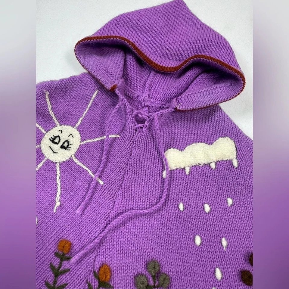 Poncho tejido con capucha para niñas 2T-4T púrpura bordado animales flecos caprichoso boho Foto 2 de 4