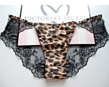 Victoria s Secret Leopard Satin Black Lace Back Cheeky Panty NWT M Or L