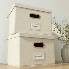Decorative File Organizer Box Set of 2 - Collapsible Linen Filing Ivory