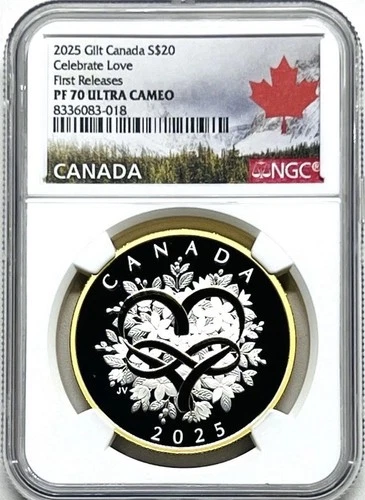 2025 $20 CANADA 1 OZ SILVER GILT NGC PF70 CELEBRATE LOVE PROOF F.RELEASES POP-28