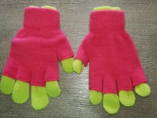 girls 2 PAIR IN ONE GLOVES BRIGHT GREEN PINK gripper dots fingers out ONE SIZE K