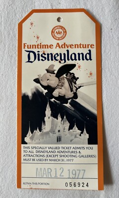 Disneyland Main Gate Pass - March 1977 - Vintage SoCal AAA Funtime Ticket Dumbo