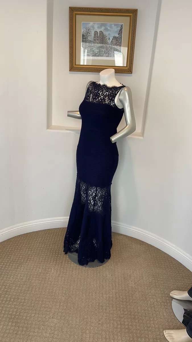TADASHI SHOJI Illusion Embroidered Lace Pintuck Blue Evening Gown