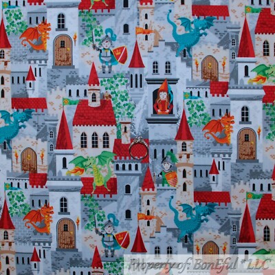 BonEful FABRIC FQ Cotton Quilt Rainbow Castle Scenic Kid Dragon Baby Boy Knight