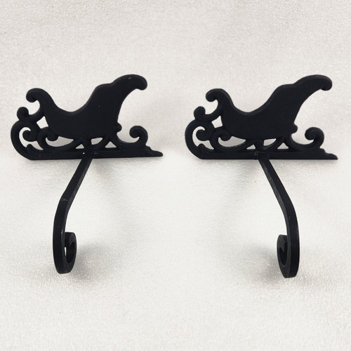 Set Of 2 Cast Iron Sleigh Stocking Hangers Holders Fireplace Mantel BLACK