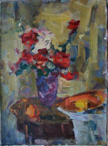 Vase peinture à l'huile ukrainienne impressionnisme nature morte fleurs roses  - Photo 1 sur 7