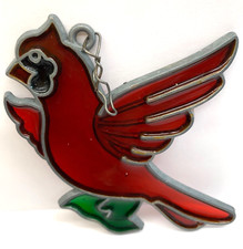 Vtg Cardinal Bird Stained Glass Style Acrylic Sun Catcher Red Plastic Metal 3.5