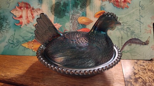 Vintage Iridescent Blue Glass Covered Dish Kitchen Chicken/Hen on Nest - Useful! - Picture 4 of 10