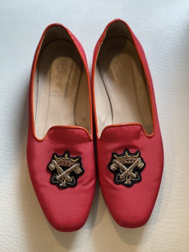 J.Crew Red Smoking Slipper Loafer Embroidered Crest Preppy Academia Size 6 - Picture 3 of 5