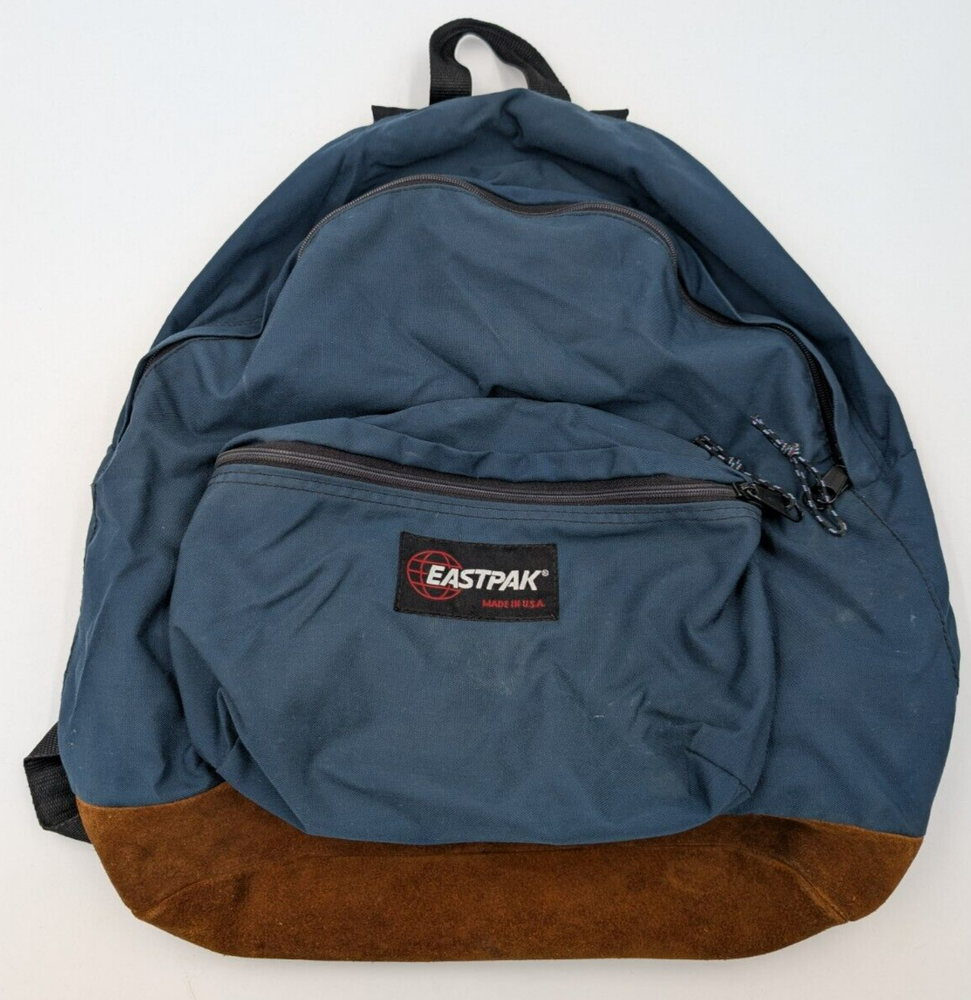 Vintage Eastpak Leather Suede Cowhide Bottom Backpack Made In USA Nay Blue 90s