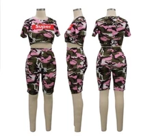 New Women Camouflage Supper Letter Two Piece Set  Crop Top+Short Pant Casual #JS
