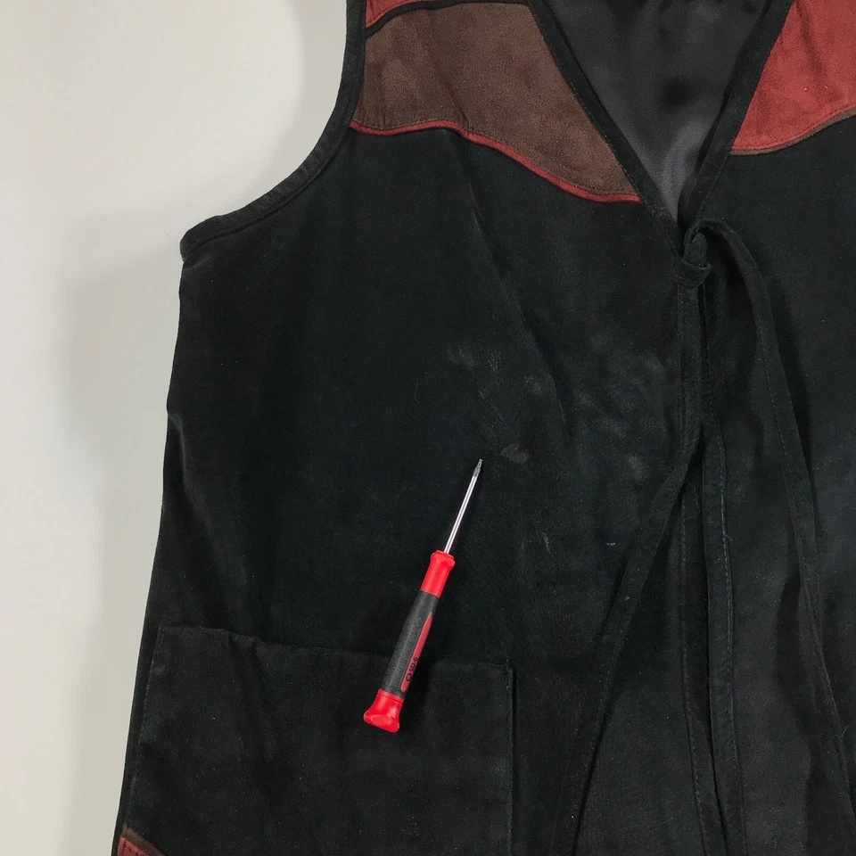 Chaleco de gamuza Grownbeans para mujer mediano negro marrón rojo lazo frontal arte para usar Foto 3 de 4