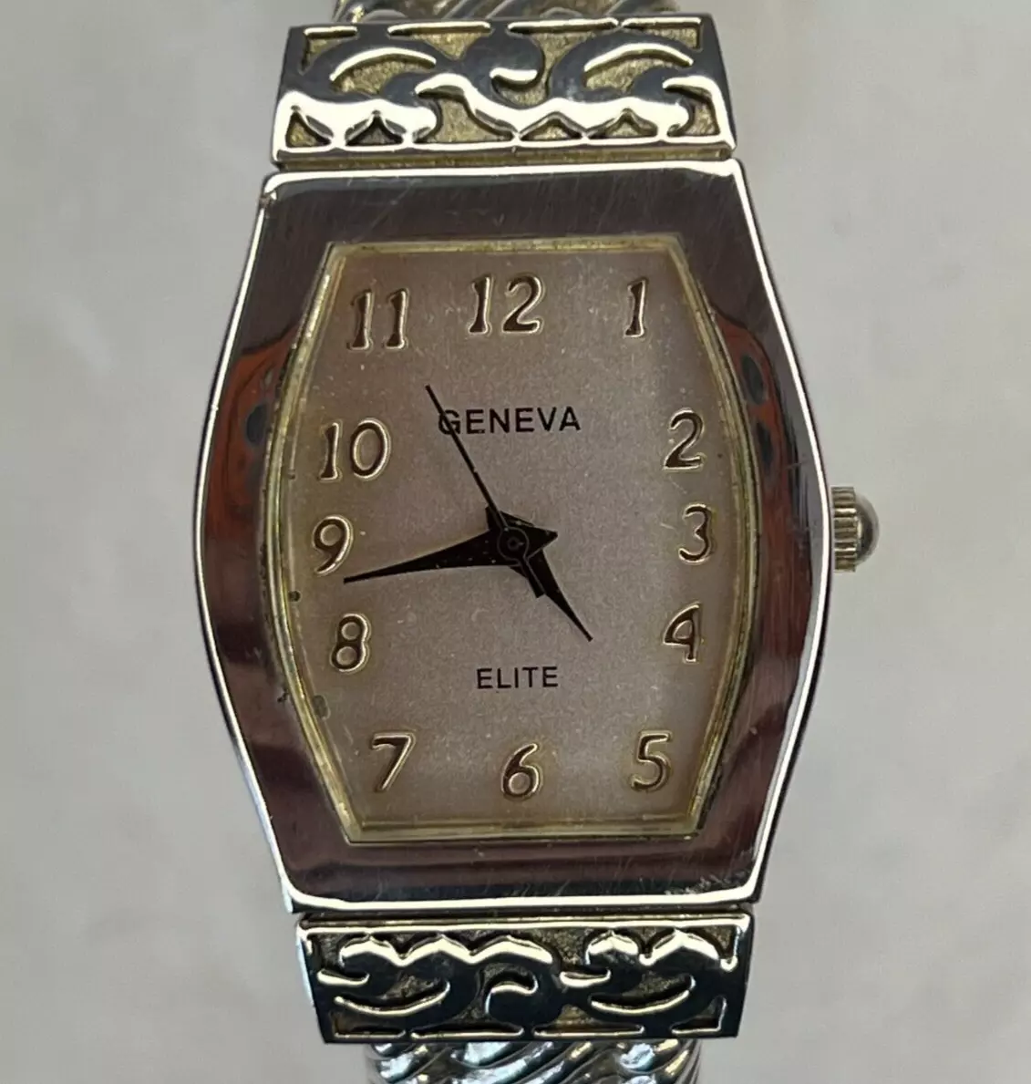 GENEVA ELITE Silver Tone Hinged Cuff WRISTWATCH Vintage Bracelet 1156