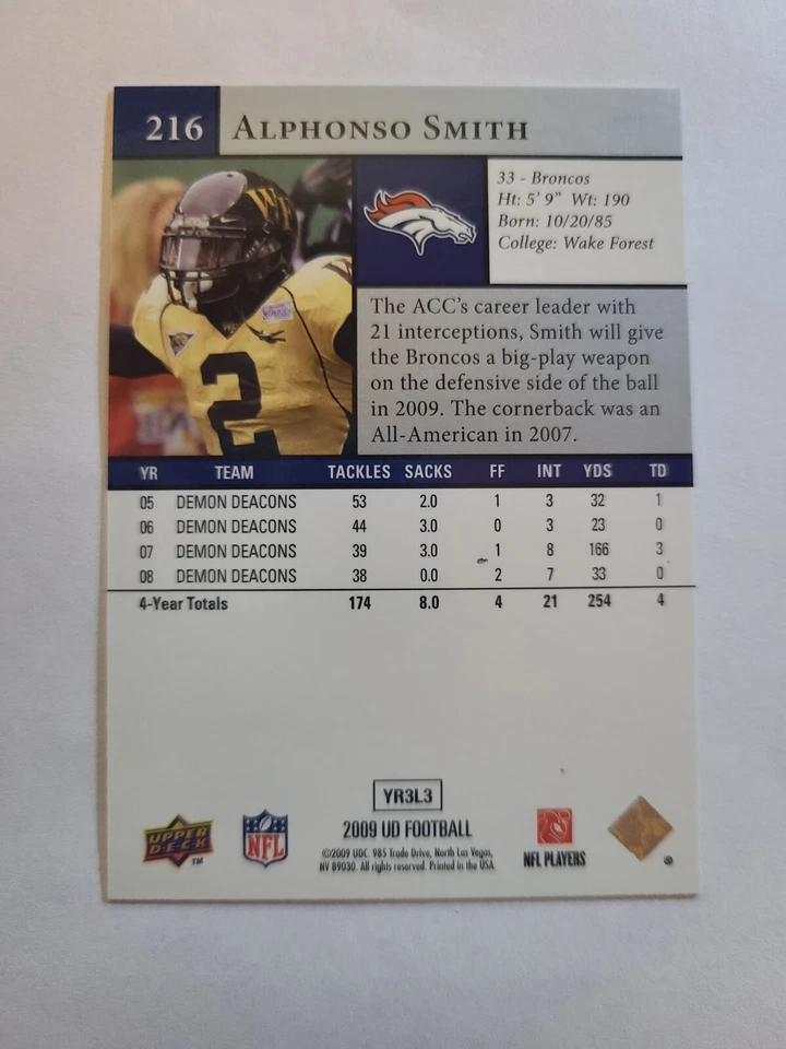 ALPHONSO SMITH 2009 Upper Deck Football RC Star Rookie #216 BRONCOS WAKE FOREST - Image 2 of 2