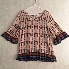 Signature Studio Top Womens Size XL Tan Multicolor Blouse Tunic Ruffles Work