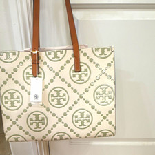 Tory Burch Logo Print Tote Beige/Green Brown Double Handles Open, Gold