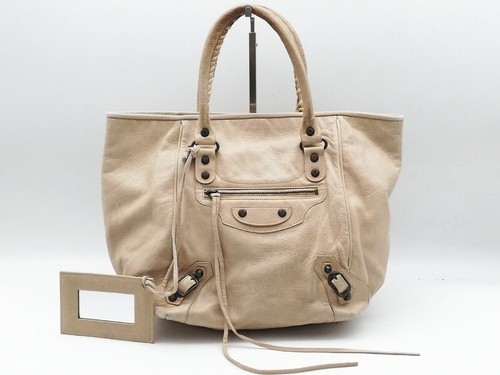 BALENCIAGA The Sunday Leather Tote Bag Beige with Mirror Handbag Used Authentic