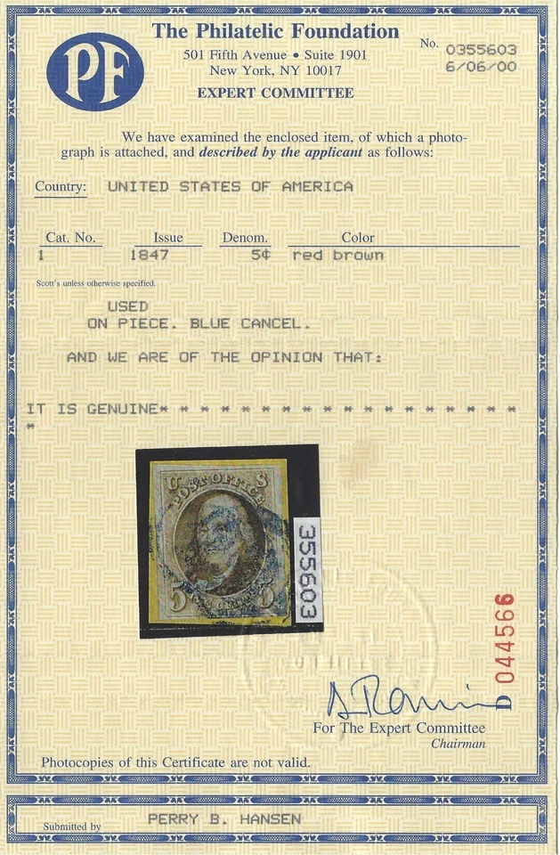 US Scott # 1 - 4 Huge Margins - CLEAN PF Cert - Blue Cancel               (P-17) - Image 3 of 3