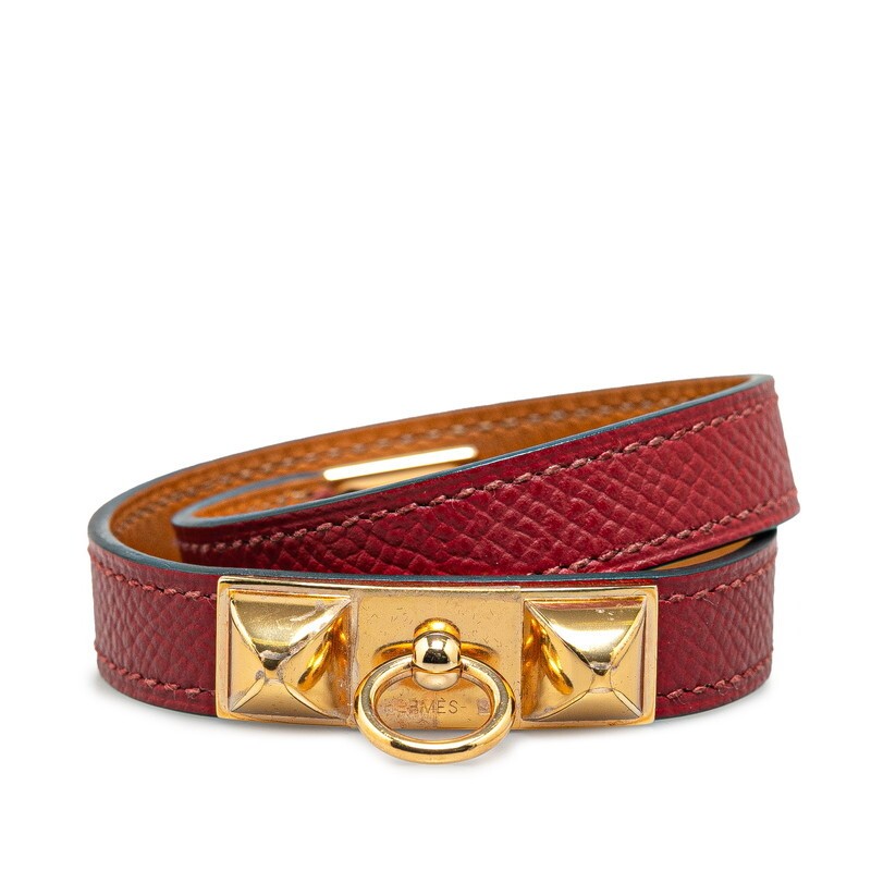 Hermes Rival Collier de Chien Double Tour 2 Layer Bracelet in Wine Red with Gold Vau Epsom Leather