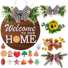 Best Interchangeable Welcome Sign for Front Door with 4 Seasonal Wreaths and 14