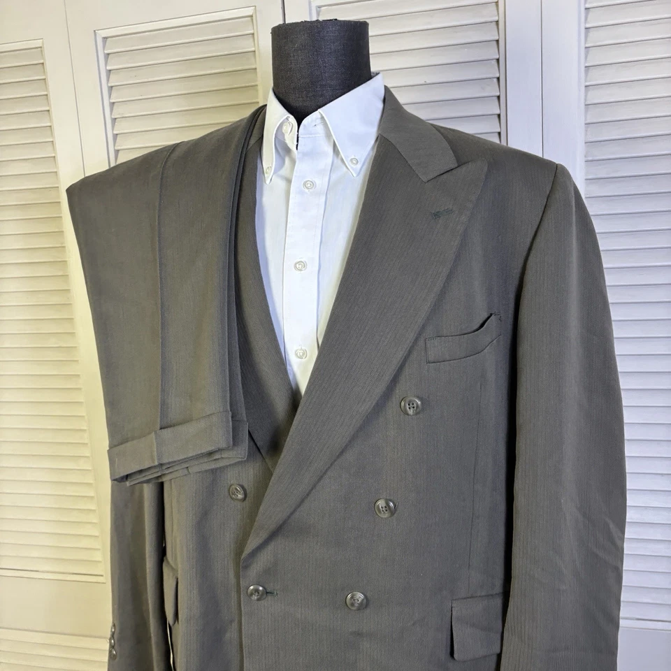Vintage John Henry 2 Piece Suit Mens 48L 36x29 Olive Double Breasted - Image 4 of 4