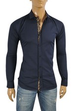 Roberto Cavalli Navy Blue Men Dress Shirt Leo...