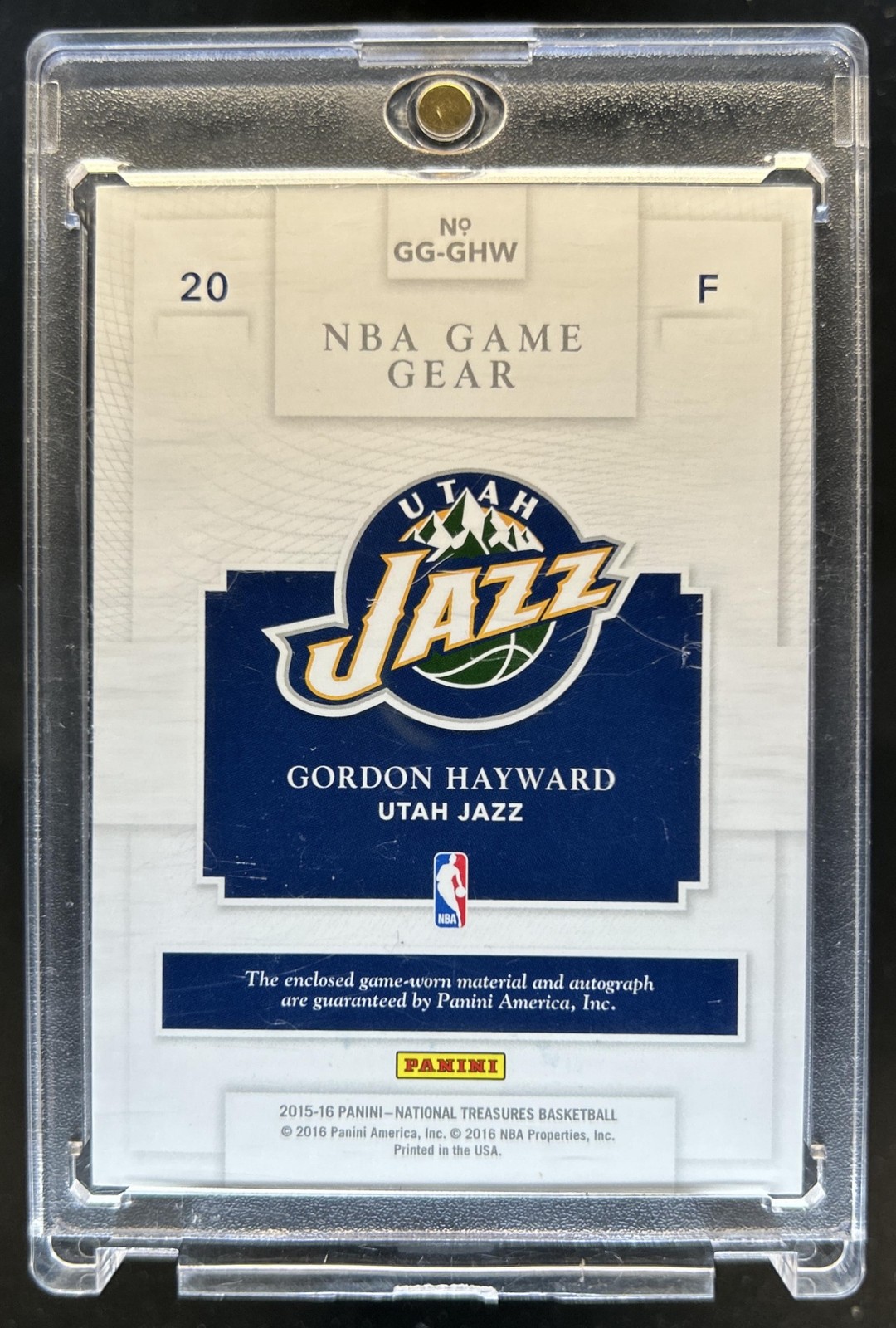 2015-16 Panini National Treasures Gordon Hayward NBA Game Gear Jersey Auto #/49 view 2