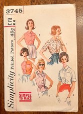 Vintage 60's Simplicity 3745 Five Shirts Printed Pattern Sz 12 Bust 32 UNCUT FF