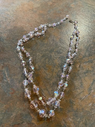 Double STRAND VINTAGE NECKLACE Pink AURORA BOREALIS CRYSTAL BEADS - 44cm (17”) - Picture 6 of 10
