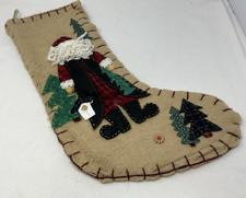 Country Christmas Stocking World Bazaar Primitive Santa w/Trees & Bird House