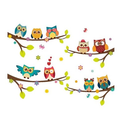Removable Cartoon 9 Family Owls On The Tree Branches Wall Decal Stickers Mura...