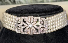 Silver White Elegant Rhinestone Pearl 5 Strand Bridal Choker Wedding Necklace