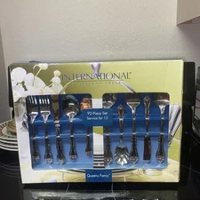 International Stainless Flatware In Box 92 Pcs Lyon Queen’s Fancy Svc 12+ VGC
