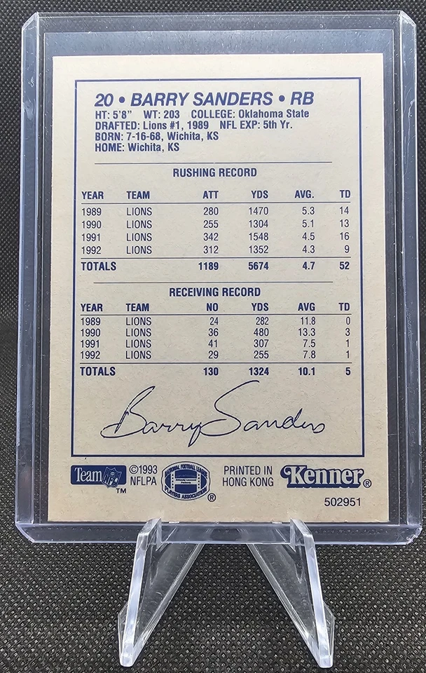 1993 Starting Lineup Card Barry Sanders HOF Detroit Lions  - Image 2 of 2