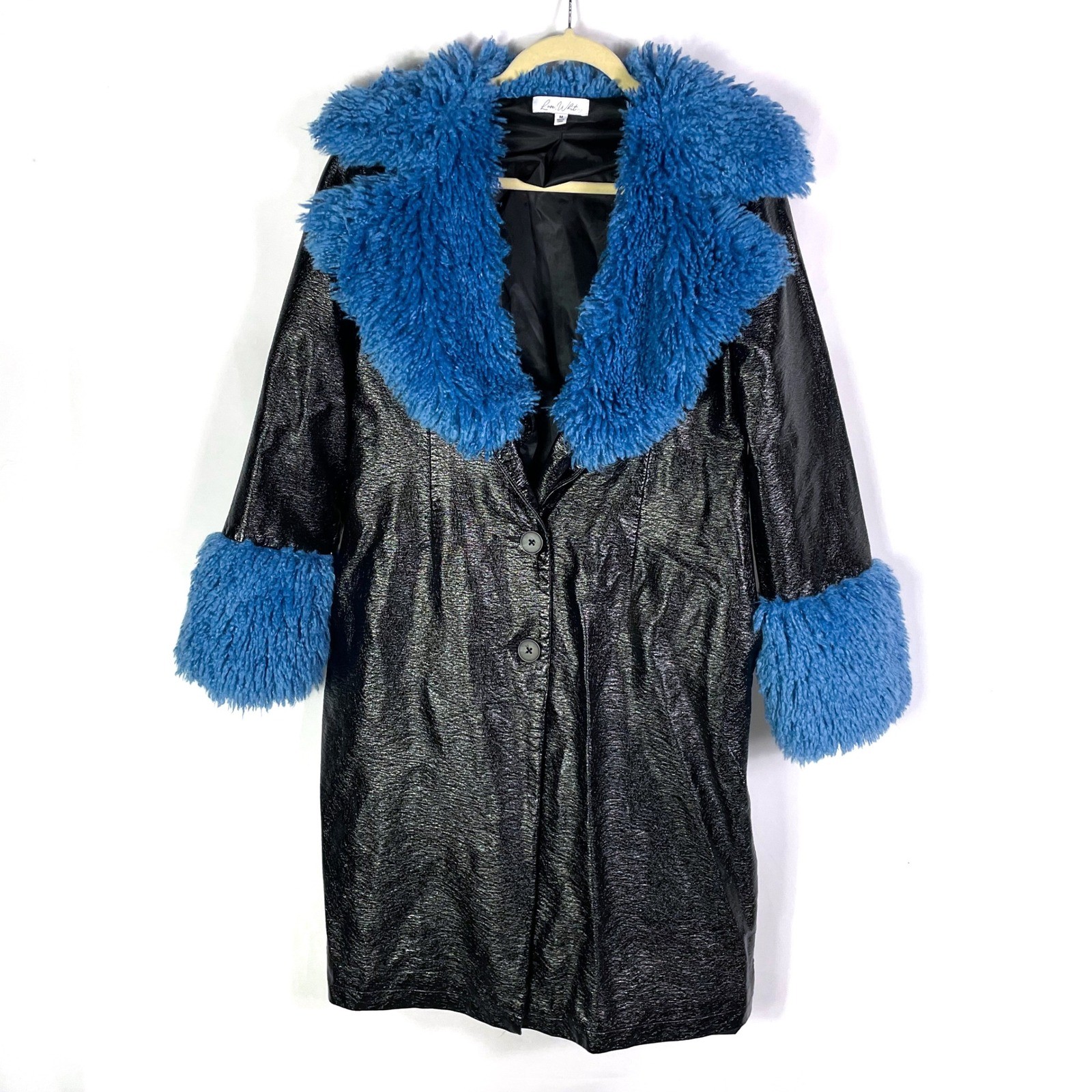 Love Whit Whitney Port Sherpa Collar Coat Black Faux Leather Blue Fur Trim Sz M