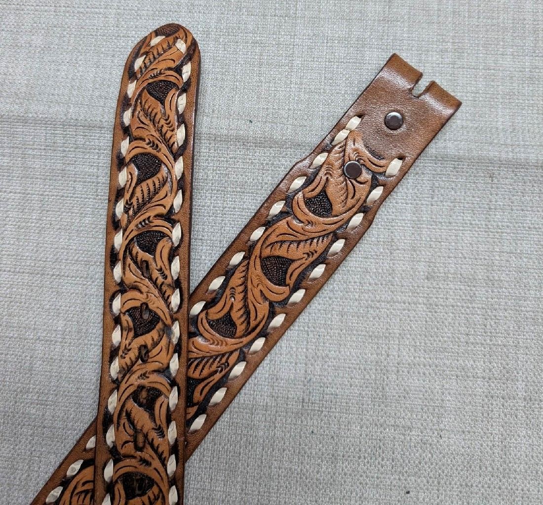 vintage TOOLED buckle belt JUSTIN cowhide leather 28 brown  display picture 2