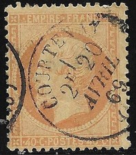 France n° Y&T 23, napoleon III dentelé,40c. orange oblitéré type 16 de Courtenay